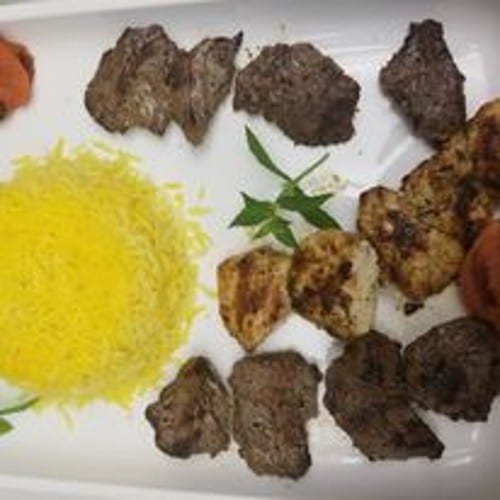 Beef and Chicken Souvlaki Combo Platter.